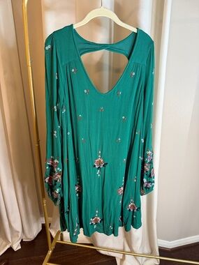Free People Emerald Green Floral Long-Sleeve Dress *SNAG AT SHOULDER SEAM